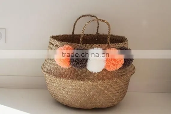 Decor Seagrass Baskets With Pompoms/ Seagrass Storage Baskets photo-4