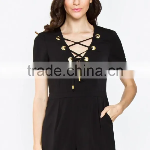 Made in China CUSTOM Wholesale Ladies Clothing Latest Design Fashion Women Black Short Sleeve Romper With Lace up Detail photo-2