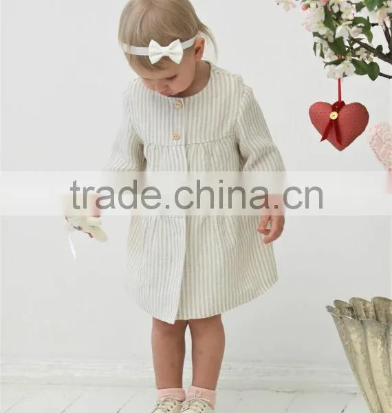 New Design Long Sleeve Stripe Casual Linen Baby Girl Kids Frock Summer Dress photo-2