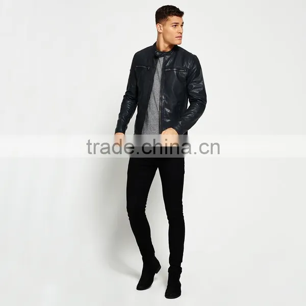 Classic Real Hero Collarless Round Neck Biker Waterproof Leather Men Jacket photo-2