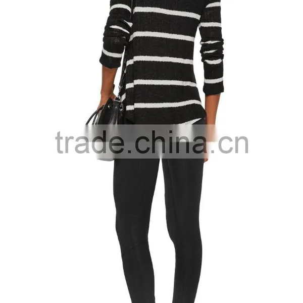 Fashionable V-neck White and Black Strips Pattern Knitwear With Asymmetric Hem and Ribbed Trim photo-3