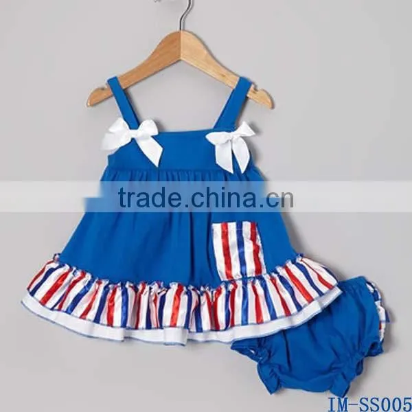 Boutique Kids Clothing Wholesale Infant Girls Blue Stripe Ruffle Swing Top Sets With Diaper Cover IM-SS005