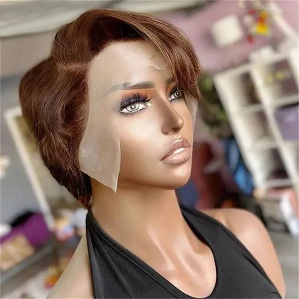 4# Brown Preplucked Brazilian Human Hair Short Bob Straight Pixie Cut Wig Transparent Lace Frontal Wigs For Women photo-2