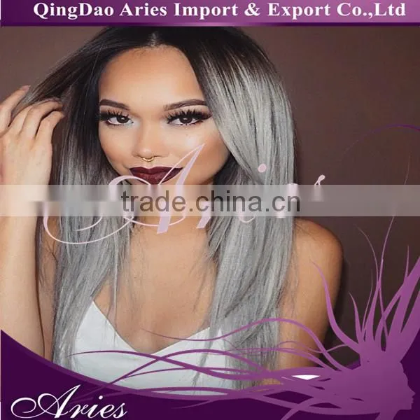 Fashion Straight Hair Center Part Bang Mixed Color Gray Synthetic Lace Front Wig photo-2