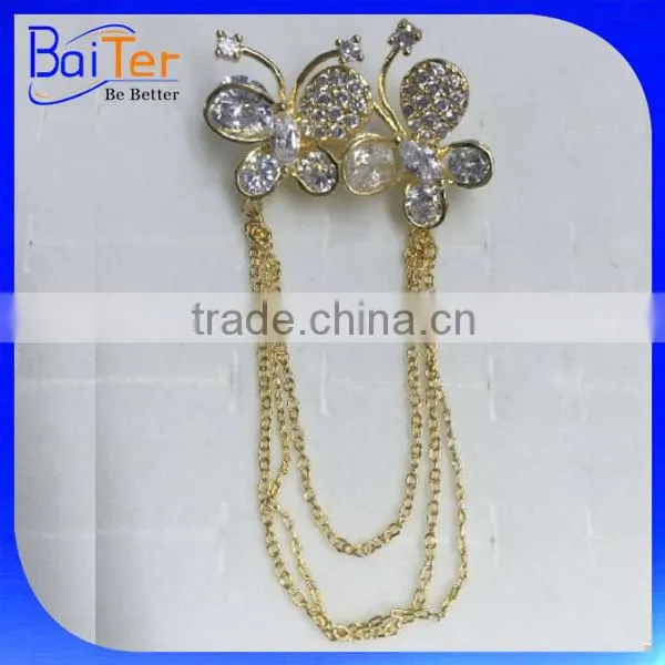 China Wholesale Custom Made Latest Brooch Design/Fashion CZ Wedding Butterfly Brooch With Chain photo-2