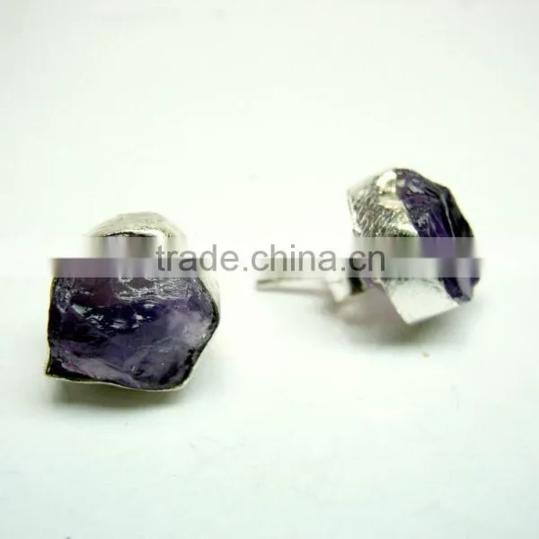 Amethyst Raw Gemstone 925 Sterling Silver Stud Jewelry, Rough Gemstone Stud Earrings photo-2