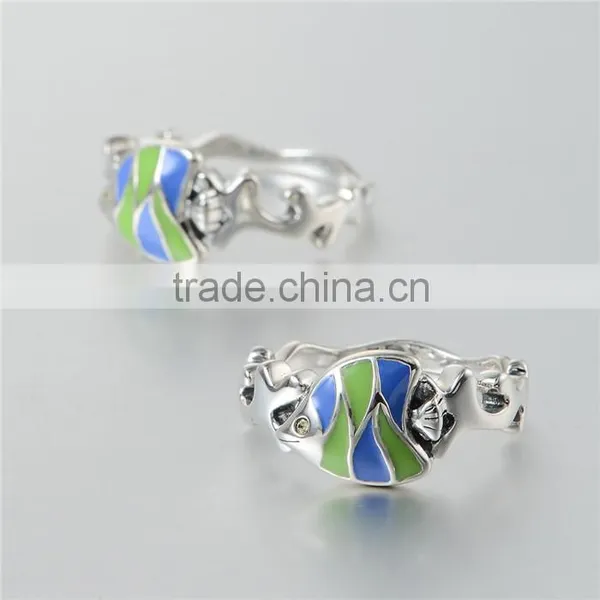 New Designer Adjustable Enamel Fish Shape Silver Ring With Rhinestone photo-5