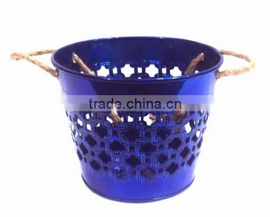 Blue Color Galvanized Metal Planter Pot With Jute Handle for Garden & Home photo-2