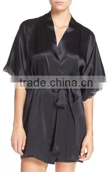 China Wholesalers Customized Personalized Plus Size Fashion Sexy Silk Solid Black Satin Robe photo-2