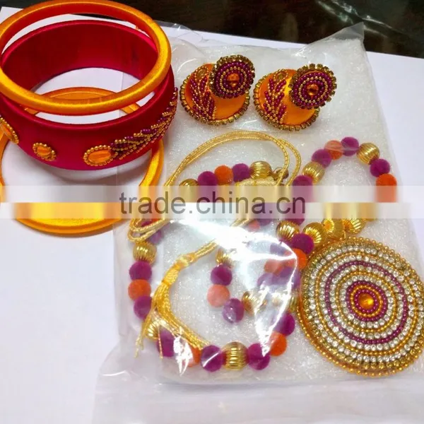 Stylish Silk Thread Bangles ,Indian Bangle Sets With Necklace and Earrings photo-5