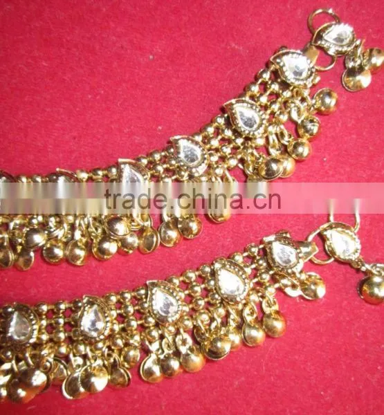 Gold ANTIQUE LOOK Kundan Payal ANKLETS Pair Foot Bracelet photo-3