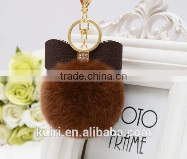 Sweety Cute Koreal Style Rex Rabbit Fur Balls Keychain With Bowknot Leather Keychain photo-4