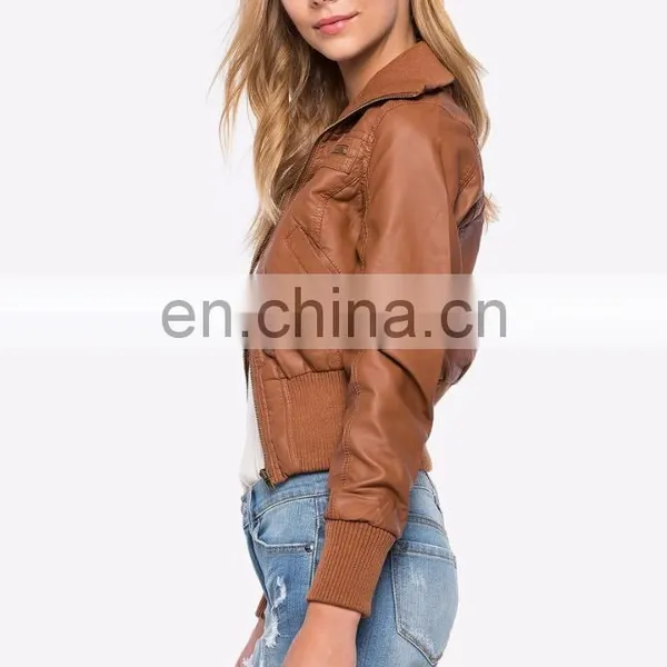 New Fashion Ribbed Knit Trim 100% PU Leather Bomber Jacket for Women photo-6