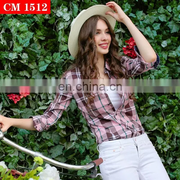 2017 Latest Design 100% Cotton Beautiful Mixedcolor Plaid t Shirt Blouse for Young Women photo-3