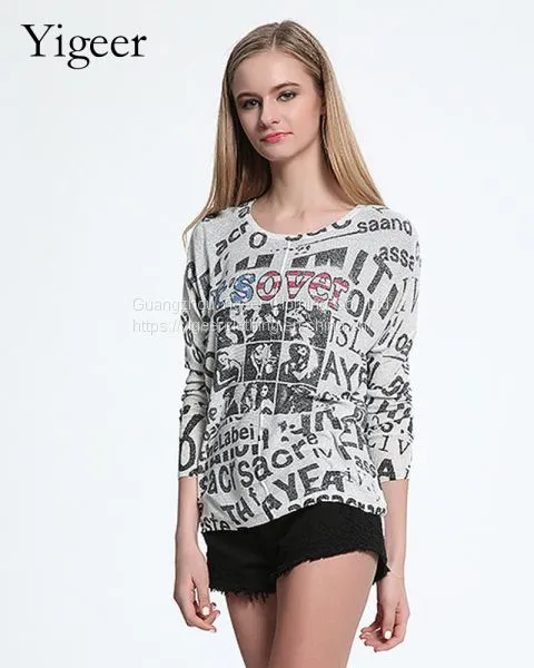 Long Sleeve Printed Word Round Neck Knitted Top Shirt photo-5