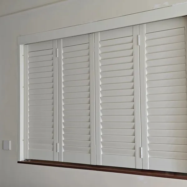 White Color 100% Custom Made Basswood Window Shutter Bi-folding Panels With Tracking Rail photo-2