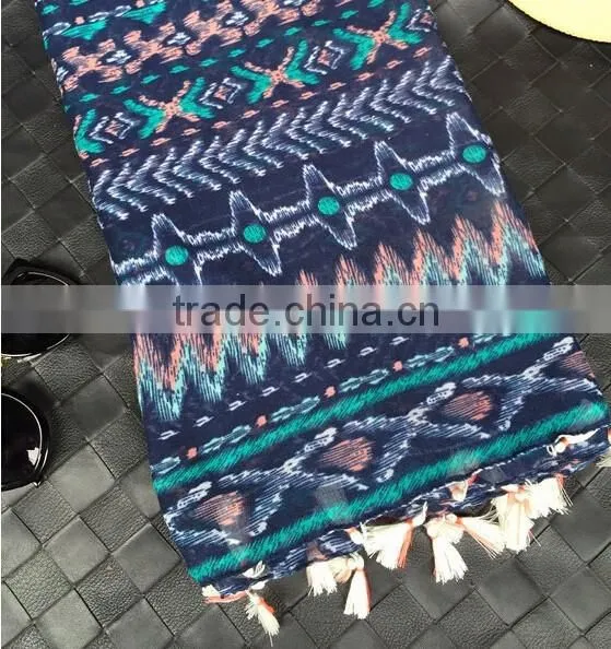 Tassel Aztec Scarf, Blue Scarf Chevron Scarf, Boho Native Southwestern Cotton Scarf, Print Scarf photo-3