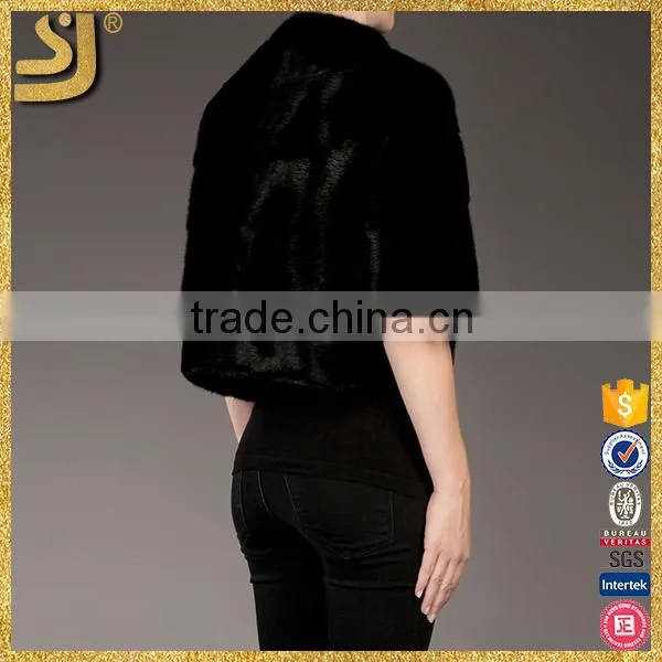 SHANGYI Black 3/4 Sleeve Zipper Cropped Fur Coat for Woman photo-4