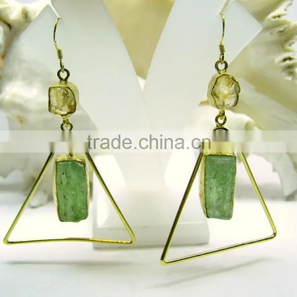 Citrine & Green Kyanite Rough Gemstone Earrings, 925 Solid Sterling Silver Earrings, Designer Vermeil Dangle Earrings photo-2