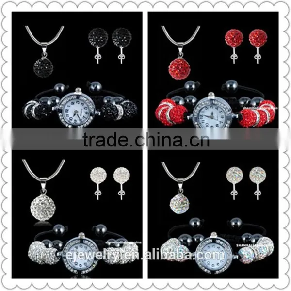 Multicolor Rhinestone Rings Shamballa Clay Beads Set Shamballa Watch Set Braclet Watch/Necklace Pendant/Stud Earrings SetsBS067