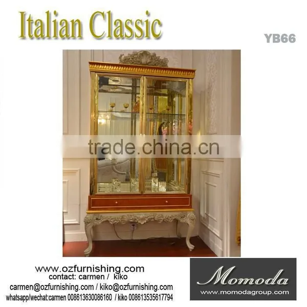 YB66 Antique Wooden Carving Gold Leaf Wine Cabinet With Glass Display