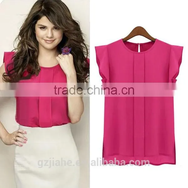 Hot Cheap Clothes China Womens Summer Casual Clothing Loose Short Tulip Sleeve Chiffon Blouse Shirt Tops photo-5