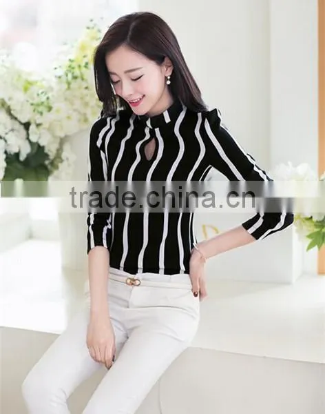 Fashion Korea Womens Stripe Blouse Long Sleeve Shirt Chiffon Slim Fit Tops photo-4