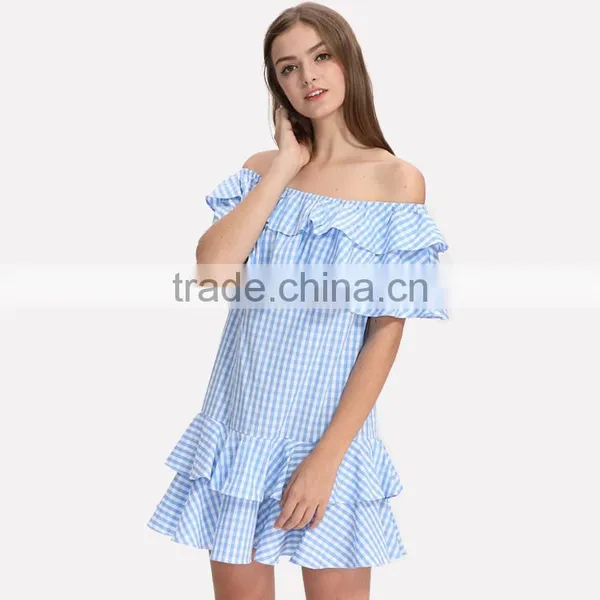 Off Shoulder Design Woman Summer Fashion Striped Blue Short Falbala Dress photo-3