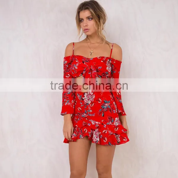 Front Tie Girls 2 Piece Crop Set Long Sleeve Floral Tops and Mini Skirts photo-3