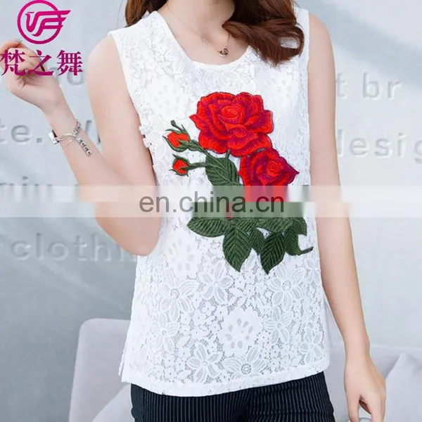 Cheap Price Embroidered Casual Lace and Chiffon Adult Lady Top Clothes