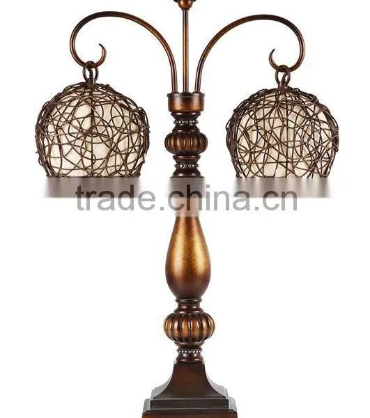 Vintage Polyresin 29"H Table Lamp With Two Chandelier Rattan Shades