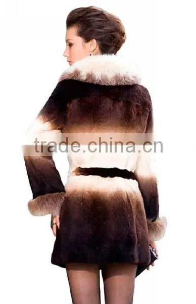 Long Women's 100% Real Rabbit Fur Coat With Fox Trim With Fox Collar photo-2