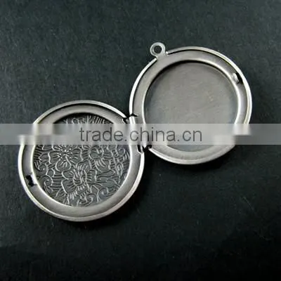 32mm Brass Antqiued Silver Vintage Style Flower Engraved Round Photo Locket Pendant 1113014 photo-3