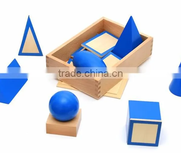 Wooden educational baby toy Montessori Geometric Solids with Stands Bases and Box