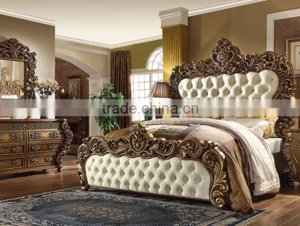 Bisini Italian Royal Hand Carved Wooden Bedroom King Size Bed With Leather Headboard/European Solid Wood Furniture(MOQ=1 SET) photo-3