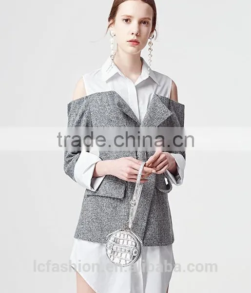2017 New Design Cold Shoulder Long Sleeve Fake 2 Piece Shirt photo-2