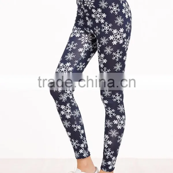 Navy Snowflake Print Leggings Polyester Spandex Outwear Sublimation Print Skinny Gym Jogger Customized Long Pants photo-3