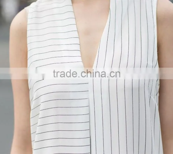 V Neck Summer Coat Stripe Vest for Young Ladies Latest Fashion Blouse photo-4