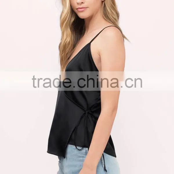 2017 Latest Fashion Design Wholesale Black Sexy Tank Top Satin Blouse photo-2