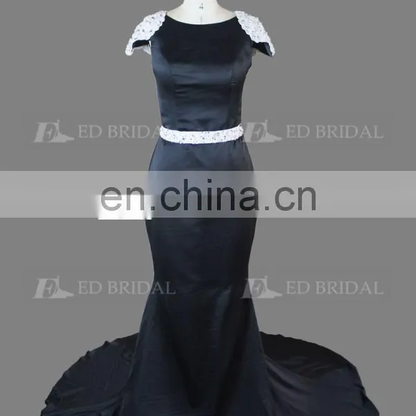Elegant Cap Sleeve Beaded Court Train Black Long Evening Dress For Fat Women photo-5