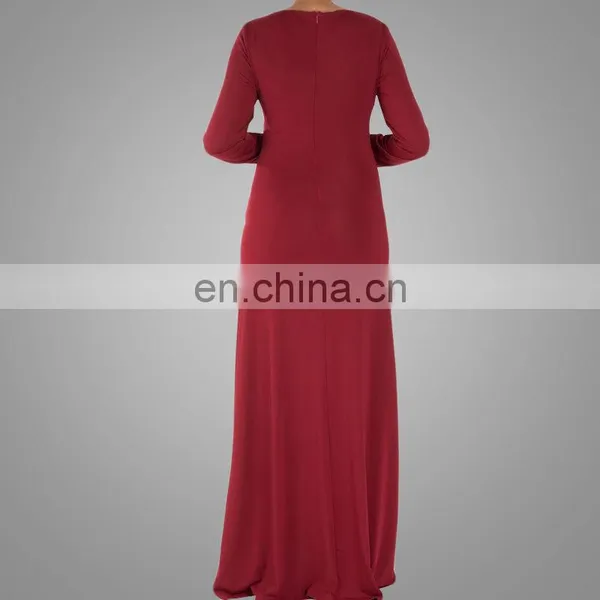 Muslim Long Sleeve Abaya Red Jersey Fabric Islamic Design Plain Solid Color Abaya Dress photo-2