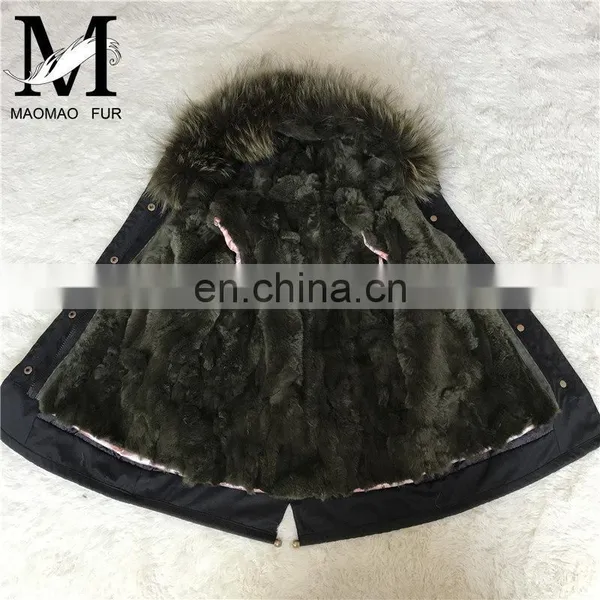 High Quality Manufacture Fashionable Winter Rose Red Rex Rabbit Fur Lining Baby Fur Parka Coat photo-5