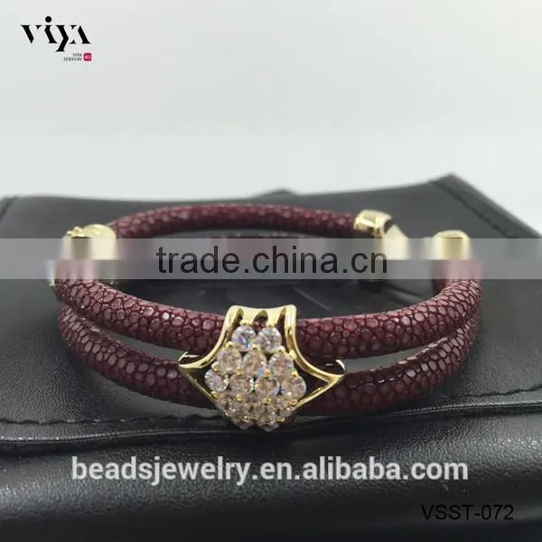 2016 Wholesale Luxury Stingray/ Python Leather Silver Bracelet With Rose Gold Clasps White Diamond photo-4