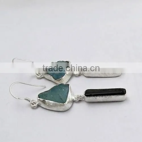 New Style Rough Aquamarine & Black Onyx 925 Sterling Silver Earring, 925 Stamped Silver Jewelry, Buy Silver Jewelry photo-4
