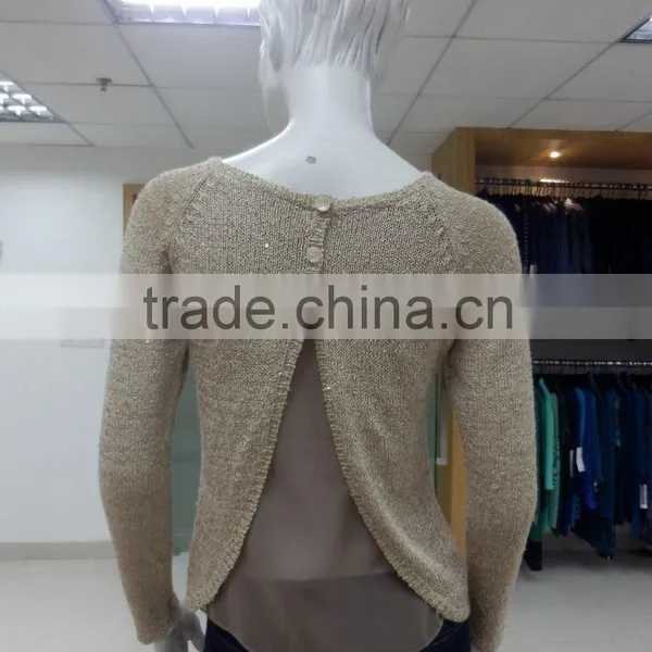 Ladies Crew Neck Long Sleeve Sequin Yarn Plaited Lurex Knitted Sweater Pullover and Double Layer at Back photo-2