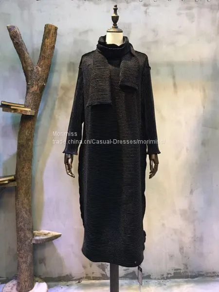 2017 Spring Slim Fit Glittering Dress Plain Pleuche Dress With Scarf photo-2