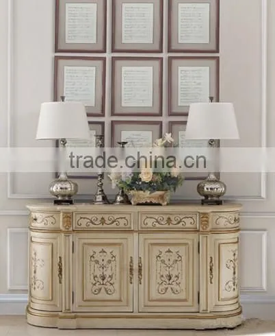 Hand Painted Rustic White Console Cabinet, Vintage Chest Of Drawers With Wood Veneer, Classic Style Wood Carved Curio Sideboard photo-2