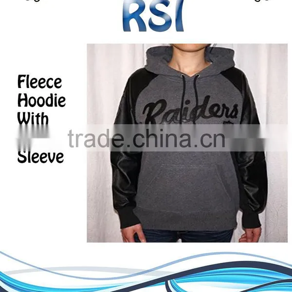 Black Fleece Zip up Hoodie With Leather Sleeves