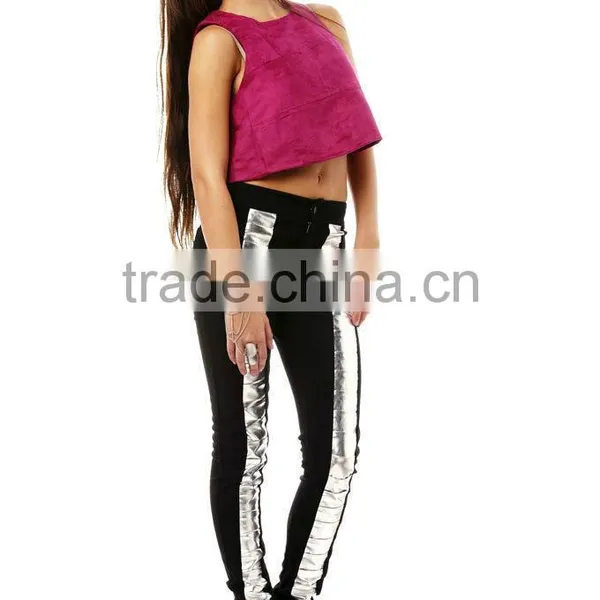 Runway Raspberry Patchwork Geometric Suede Trendy Crop Top photo-5