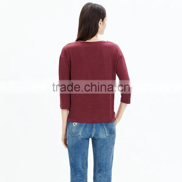 Claret Modern Linen Three Quarter Sleeve Women t Shirt photo-3